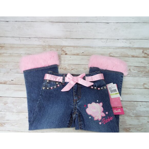 Barbie Girls Jeans with Pink Faux Fur and Sequins Size 4 - Picture 1 of 10